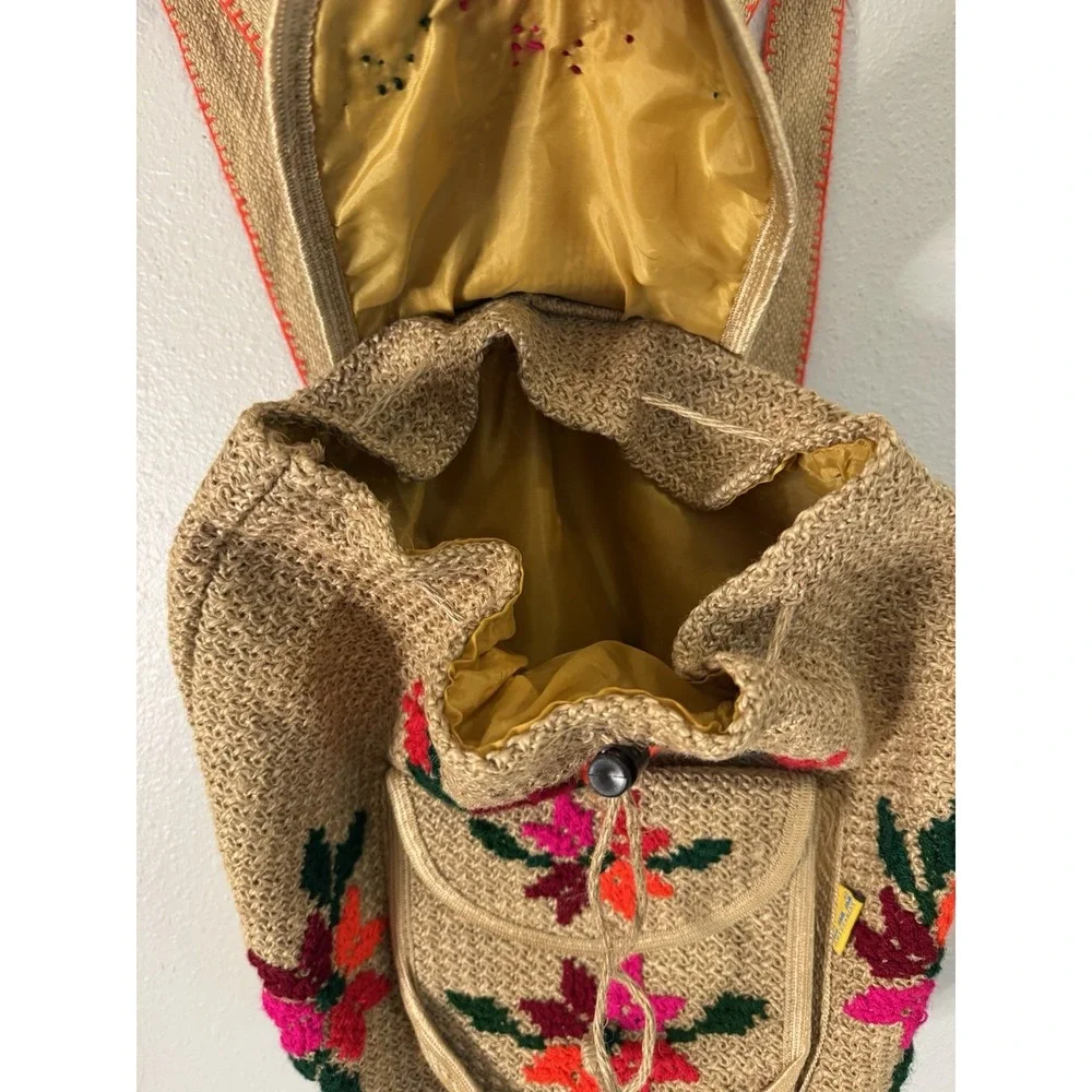 Boho Jute Crochet Embroidered Floral Backpack Hippie Festival Folk Art Rucksack